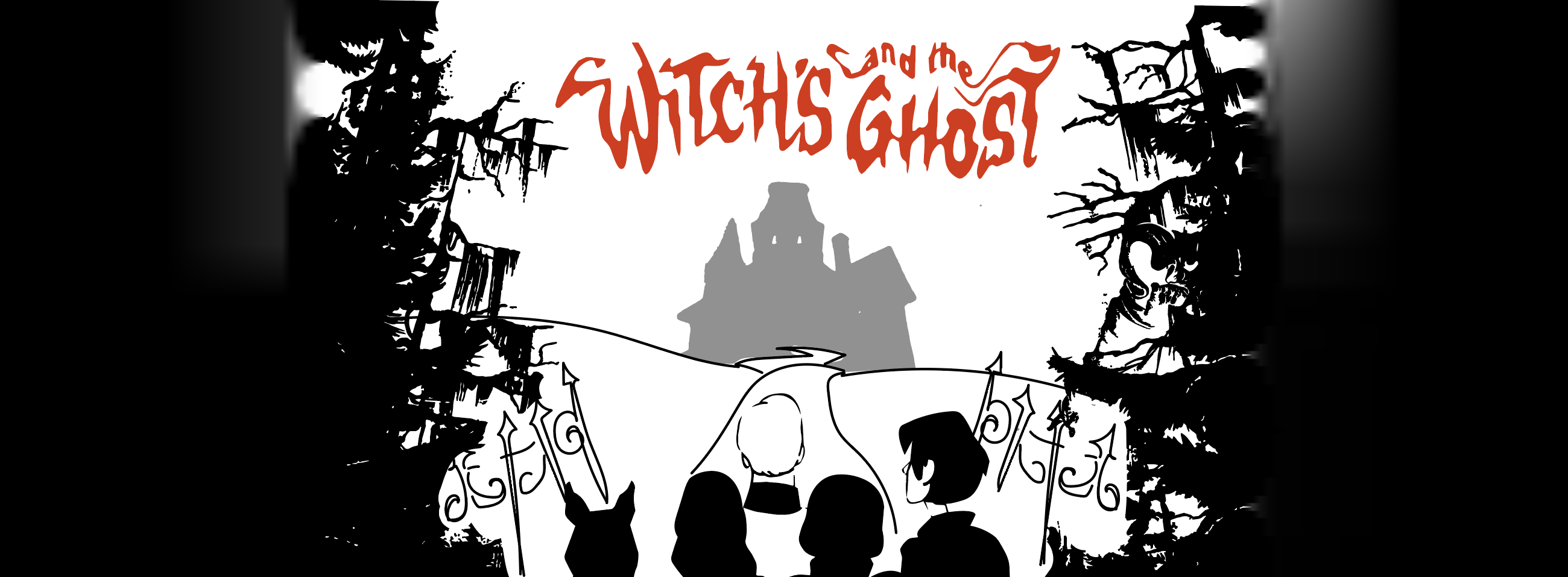 The Witch's and the Ghost: four figures and a cat walking a lantern-lit path toward a haunted house.